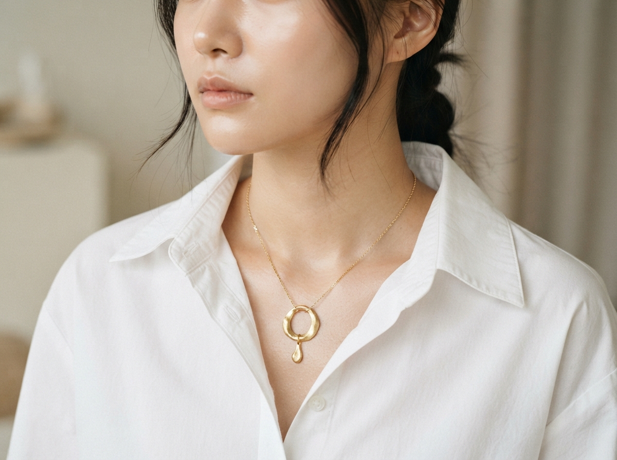 Close-up of a delicate gold chain necklace with a statement pendant worn over a white shirt collar, minimal jewelry styling, soft studio lighting, Korean fashion editorial detail shot
---