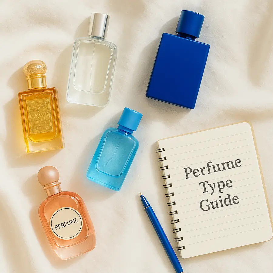 밝은 오프화이트 패브릭 위에 분홍색, 파란색, 투명한 향수병들이 놓여 있고, 'Perfume Type Guide' 노트와 파란 펜이 함께 배치된 밝고 감성적인 평면 이미지