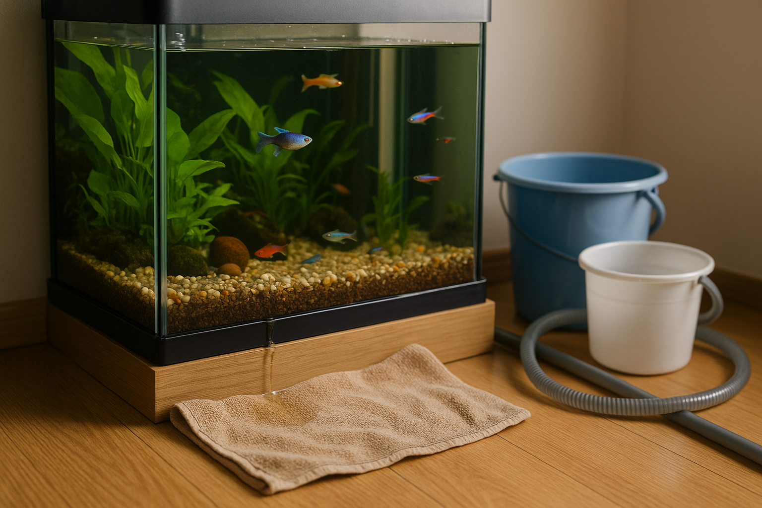 열대어 수조 모서리 실리콘 틈에서 물이 새어나오는 장면. 바닥에 수건과 양동이가 놓여 있으며, 내부에는 구피와 네온테트라 같은 열대어와 수초가 보이는 실제 가정용 아쿠아리움 모습.