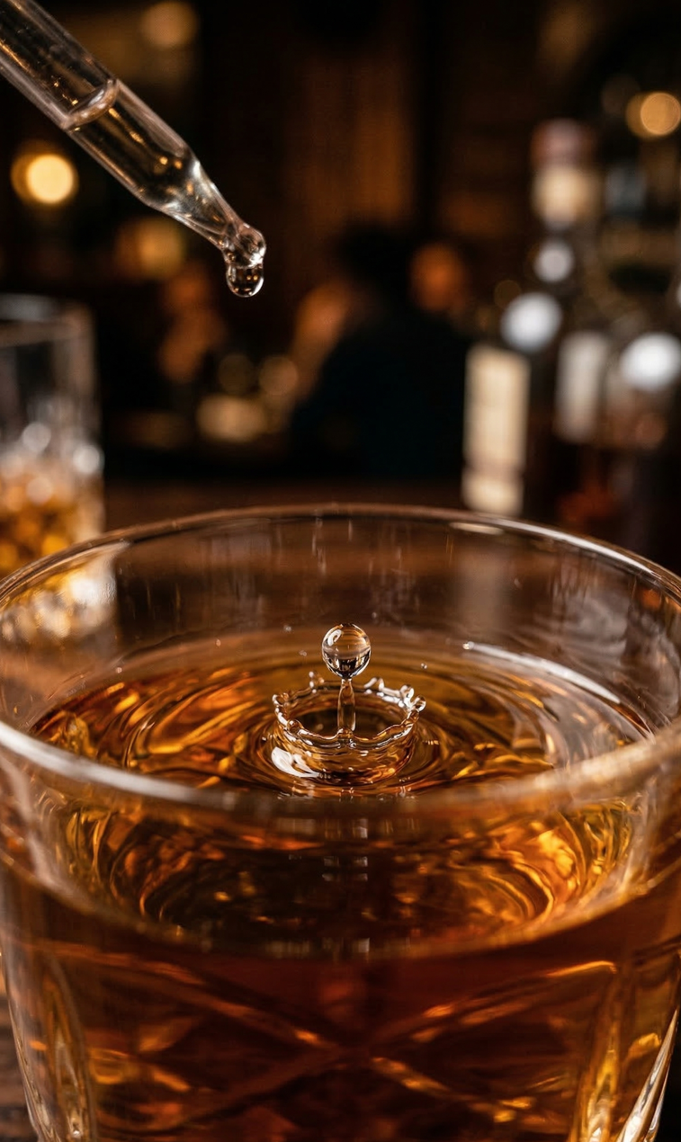 위스키 잔에 스포이드로 물 한 방울을 떨어뜨려 표면에 미세한 파동이 생기는 찰나를 포착한 전문적인 테이스팅 사진.