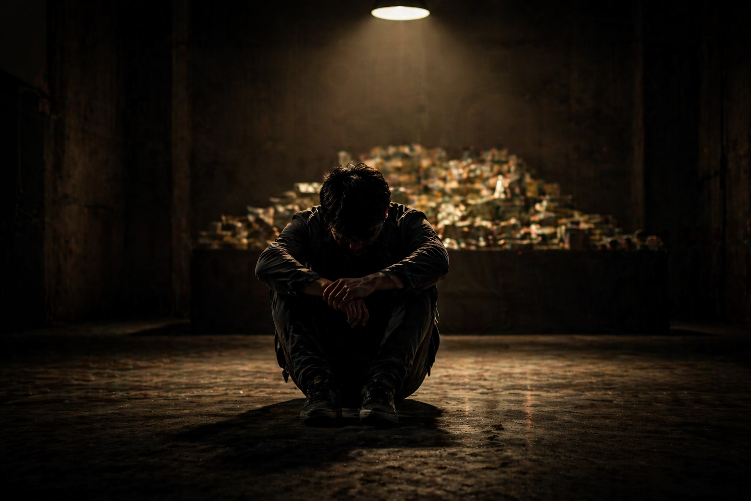 오징어 게임 분위기를 연상시키는 어두운 공간에서 고개를 숙인 남성과 흐릿한 돈 더미, 극한 상황 속 인간 본성과 선택을 표현한 이미지