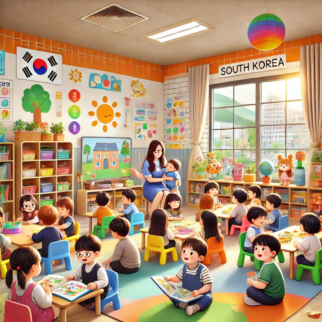 밝고 활기찬 한국의 유치원 교실에서 3~5세 유아들이 놀이와 학습을 하고 있는 모습. 교실은 다채로운 장식과 교육 포스터로 꾸며져 있으며, 작은 책상들이 깔끔하게 배치되어 있다. 한 교사가 아이들과 함께 동화책을 읽으며 상호작용하고 있으며, 따뜻하고 친근한 분위기가 강조된다.