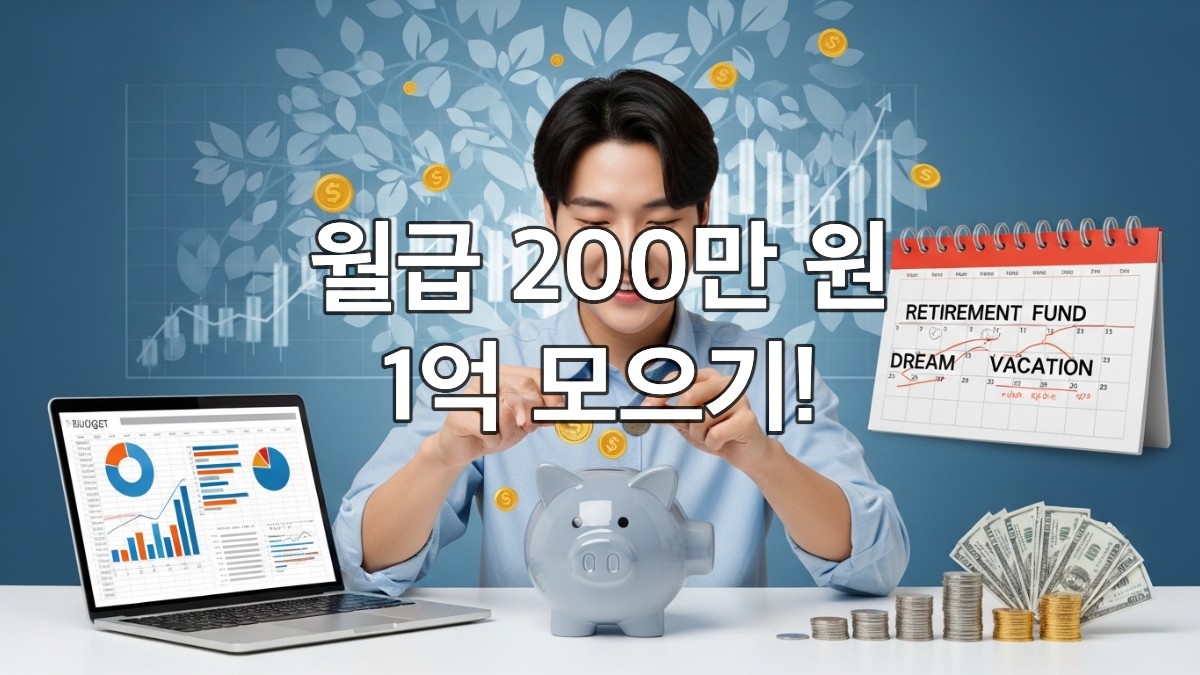 월급 200만원으로 1억 종잣돈을 모으는 젊은 한국인이 돼지 저금통에 동전을 넣으며 환하게 웃는 모습, 재정적 목표 달성의 시작을 상징함.