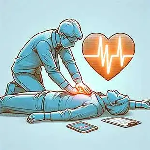혈관미주신경성 실신으로 바닥에 쓰러져 누워있는 사람의 가슴을 두 손으로 마사지 하며 도와주는 사람과 심장 박동 그래프.