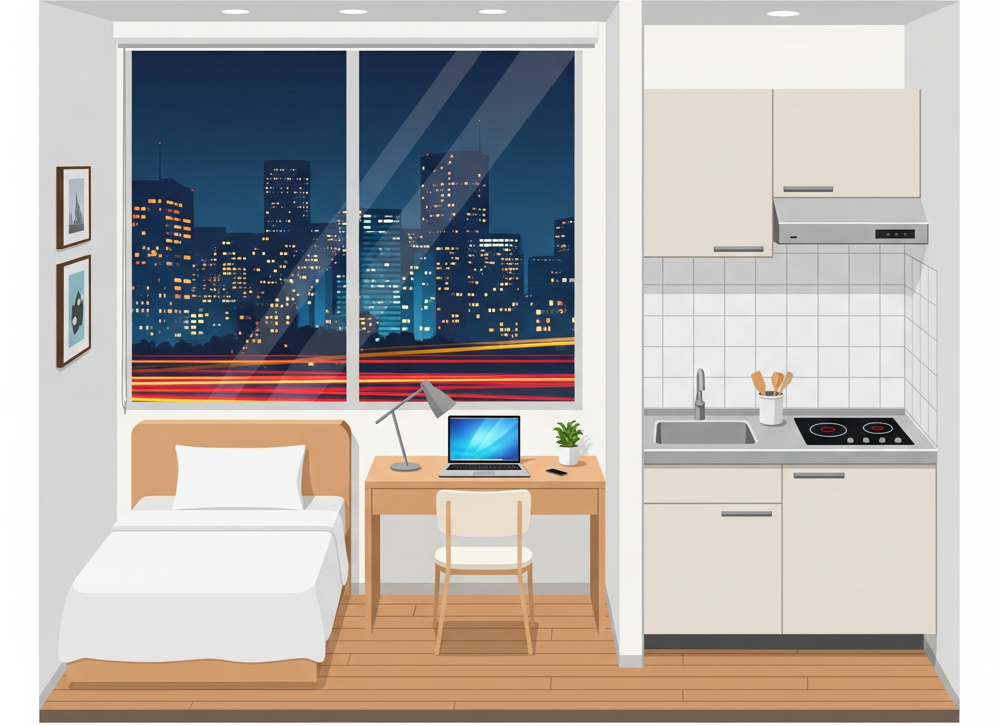 도심 야경이 보이는 깔끔한 풀옵션 오피스텔 내부