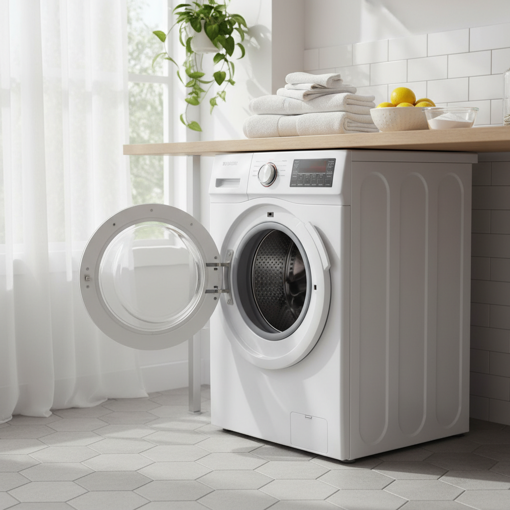 청결한 세탁기와 냄새 제거를 위한 천연 재료들이 놓인 다용도실 이미지