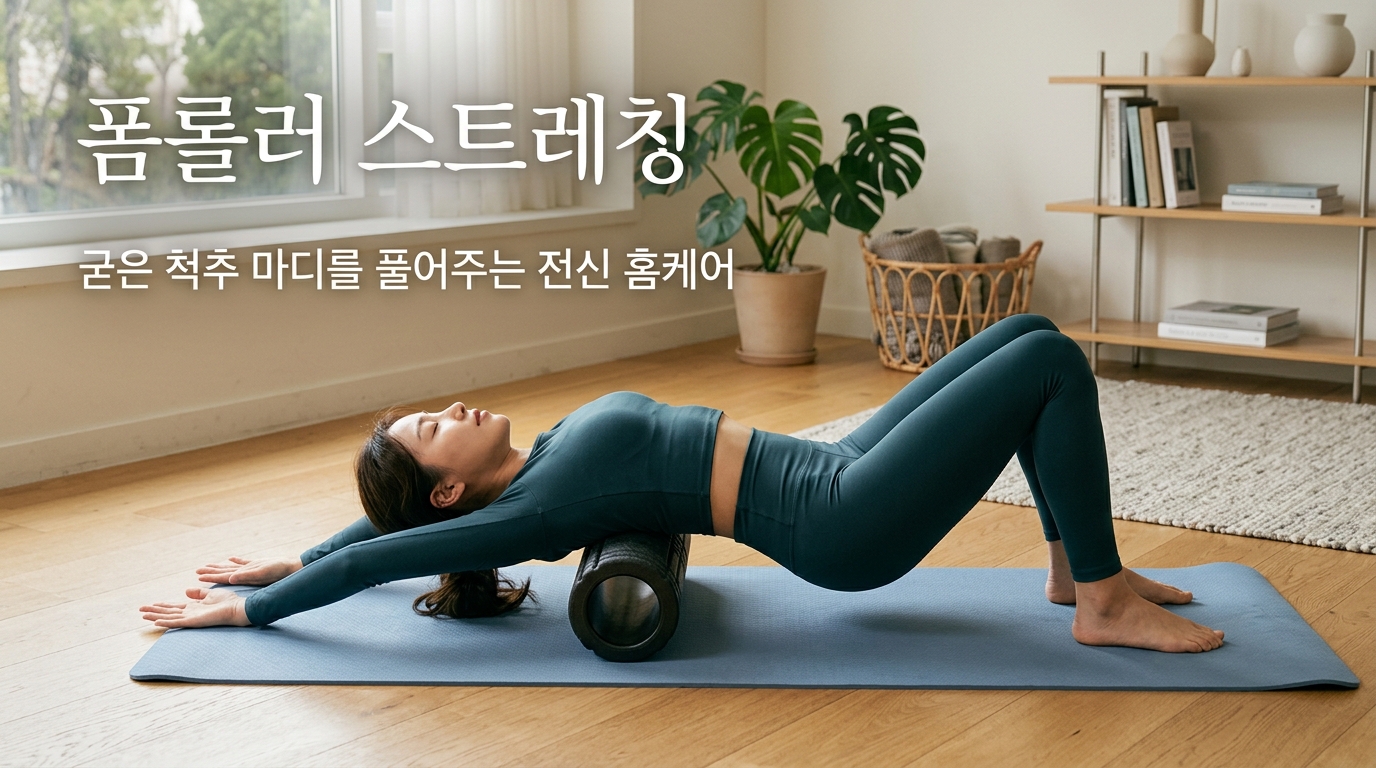 햇살이 비치는 아늑한 거실에서 요가 매트 위에 누워 폼롤러로 등 마디를 부드럽게 펴주는 스트레칭을 하고 있는 모습. '폼롤러 스트레칭', '굳은 척추 마디를 풀어주는 전신 홈케어'라는 문구가 적혀 있어, 홈케어 폼롤러의 중요성을 시각화함.