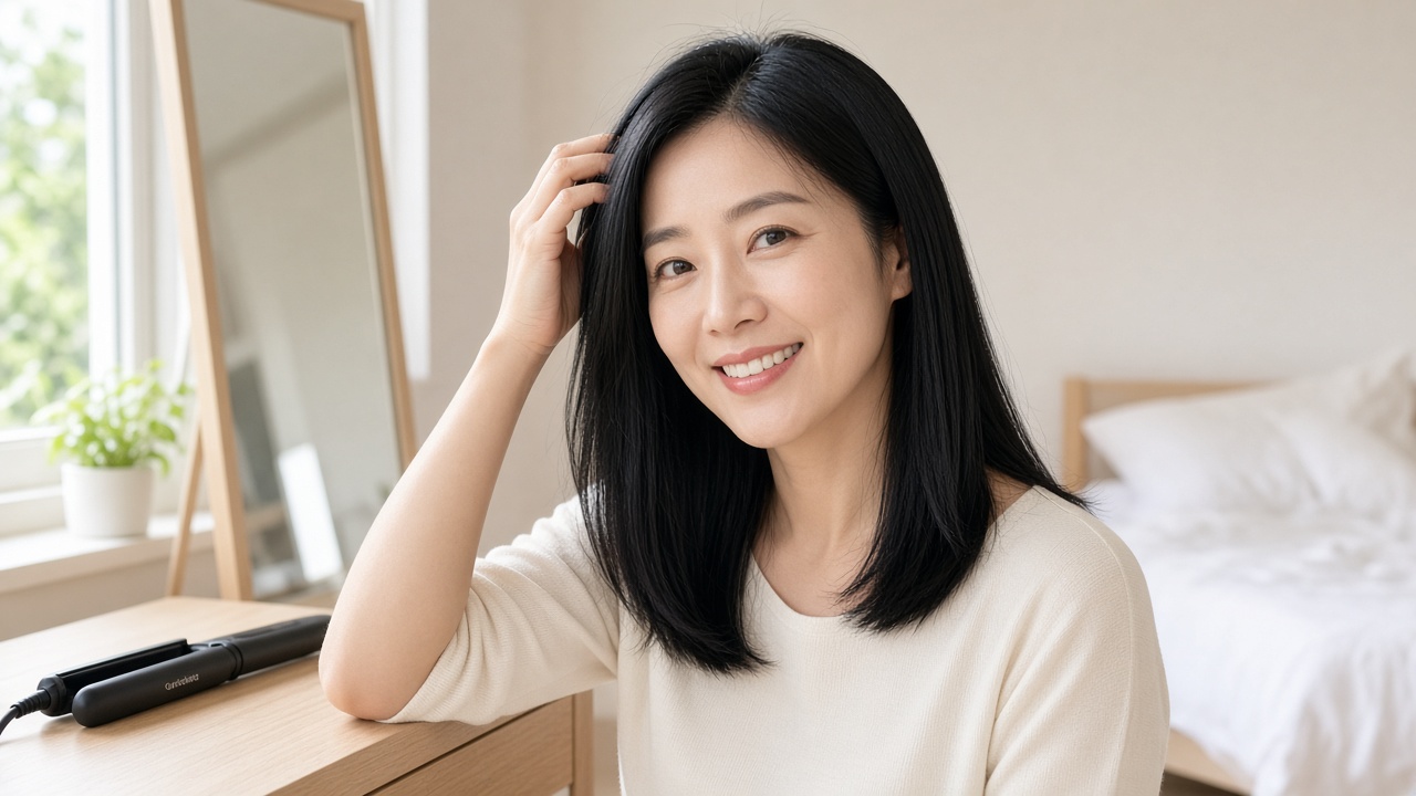 머리를 손질한 뒤 윤기 나는 머릿결을 확인하는 30대 한국인 여성