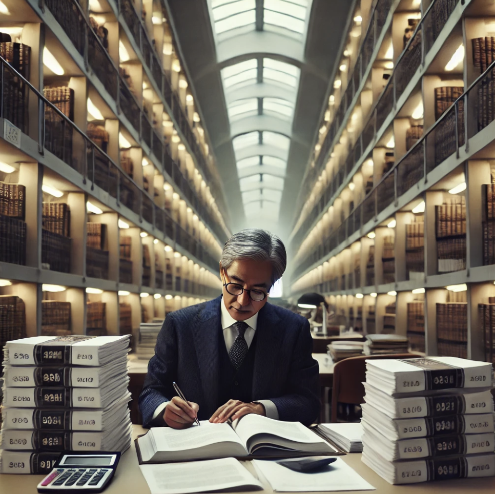 도서관에서 상속세 관련 문서를 검토하는 노년의 남성