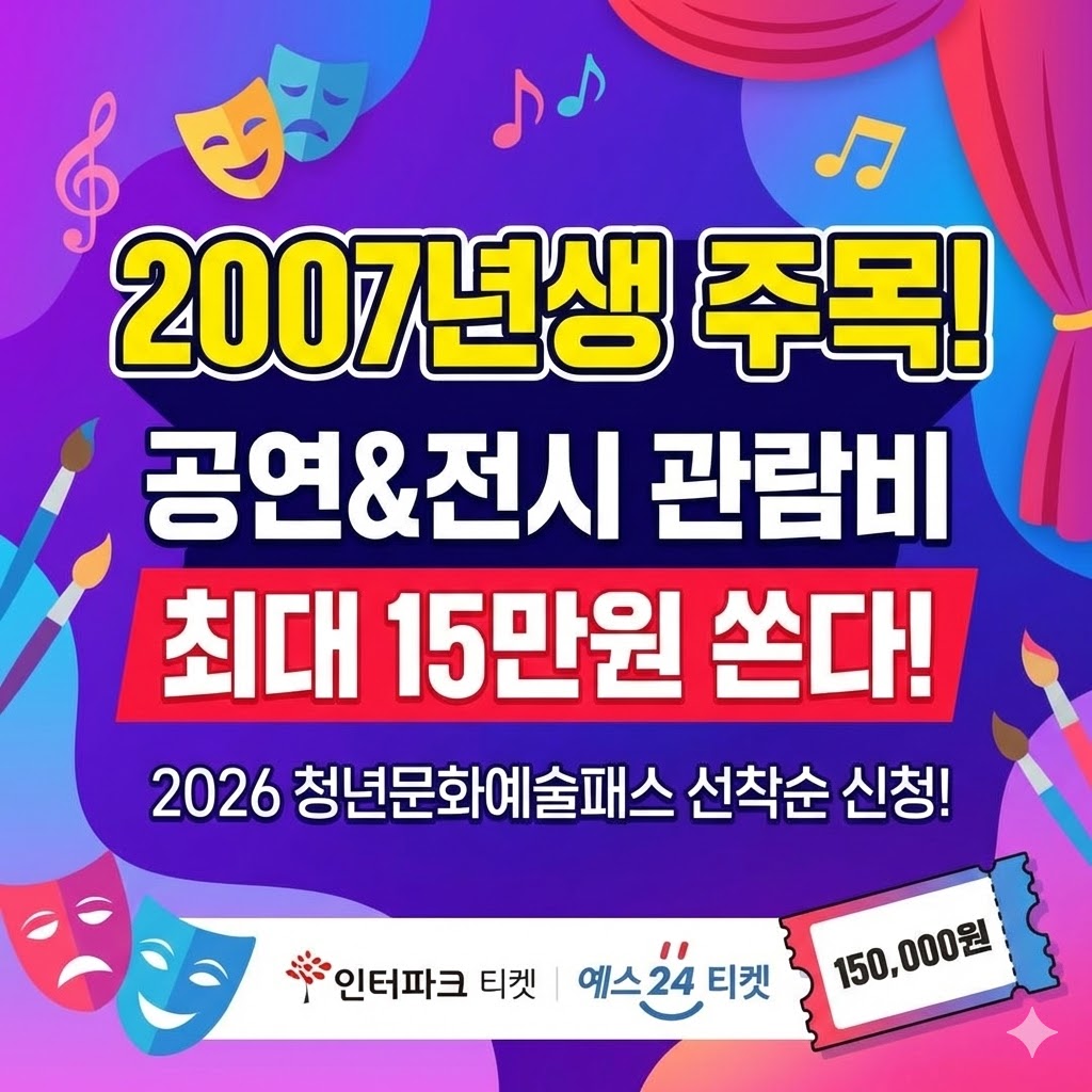 2026년 청년문화예술패스 지원 안내. 2007년생 대상 최대 15만원 지원, 인터파크 및 예스24 신청 절차, 공연 및 전시 사용 가능 범위 요약 인포그래픽 이미지