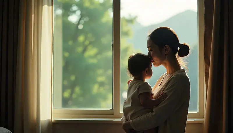 젊은 엄마가 아이를 안고 창가에 서 있는 모습.