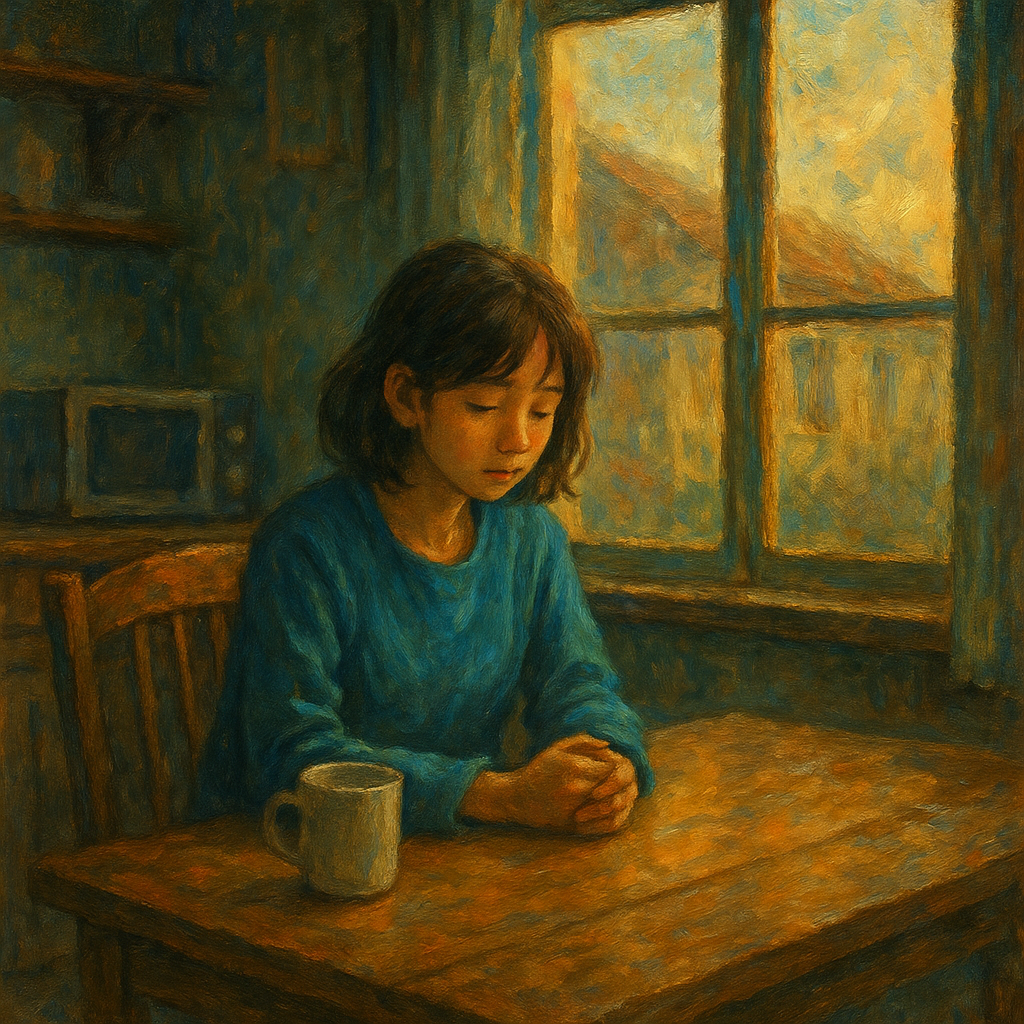 창가에 앉아 조용히 두 손을 모은 채 고립과 일상의 무게를 생각하는 젊은 여성의 모습