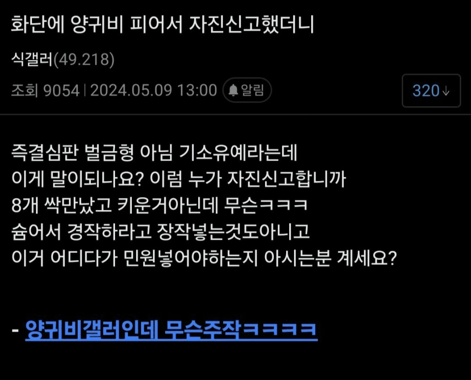 양귀비 신고 후 처벌 예고 받은 상황 (출처 - 인터넷 커뮤니티 스크린샷)