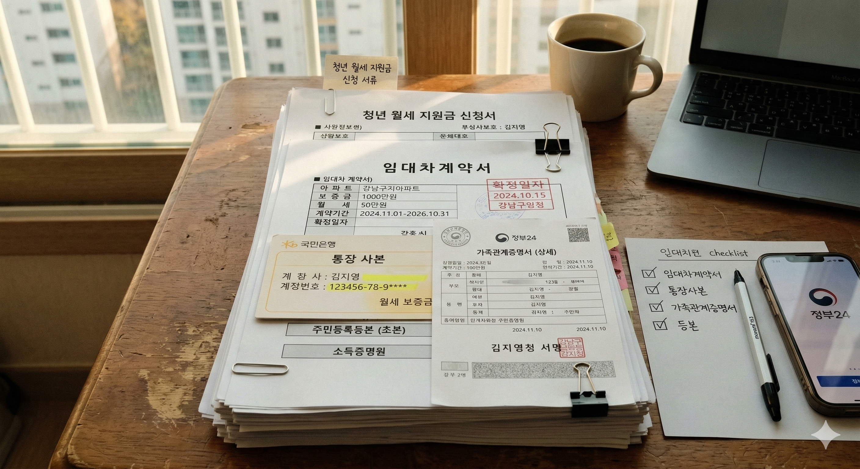 월세지원금 신청에 필요한 임대차 계약서, 통장 사본, 가족관계증명서 등 서류 뭉치