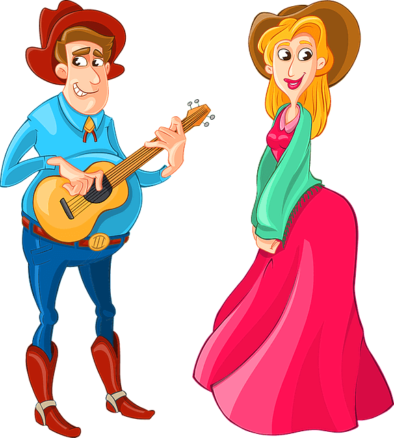 남자 카우보이가 기타를 들고 있고 오른쪽에는 여자가 붉은색 긴 치마를 입고 서있다. 남자가 표정이 쎄하다.