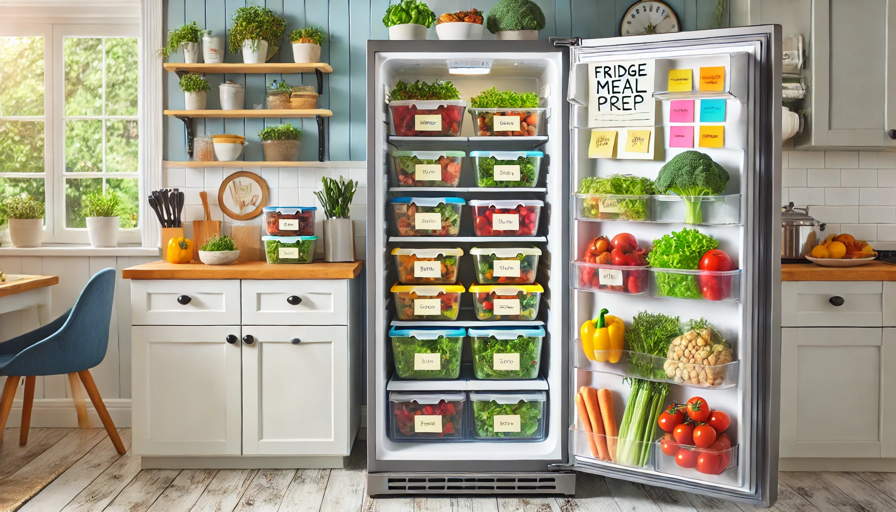 정리정돈 잘 된 냉장고 내부와 식재료 보관 컨테이너, 문에는 주간 식단표가 붙어 있는 모습