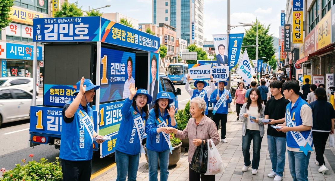 선거운동원이 유세 차량 옆에서 시민들에게 활기차게 인사하는 활기찬 풍경
