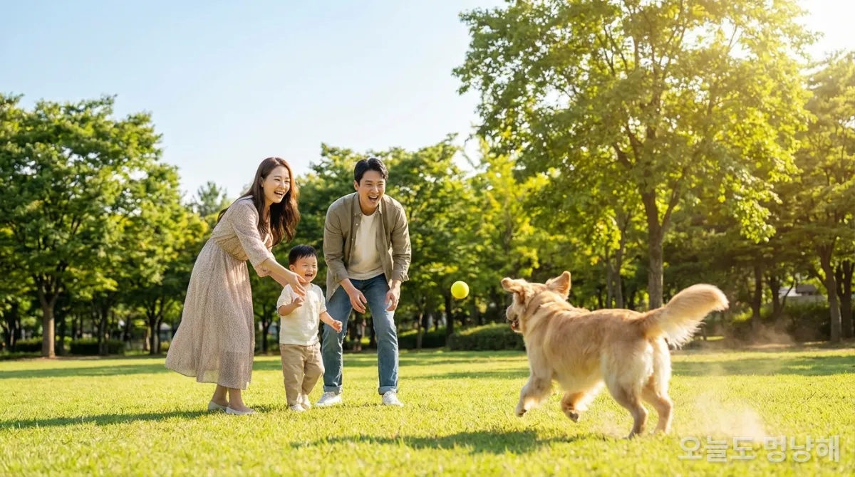 밝은 한국 공원에서 행복하게 반려견과 뛰어노는 한국인 가족