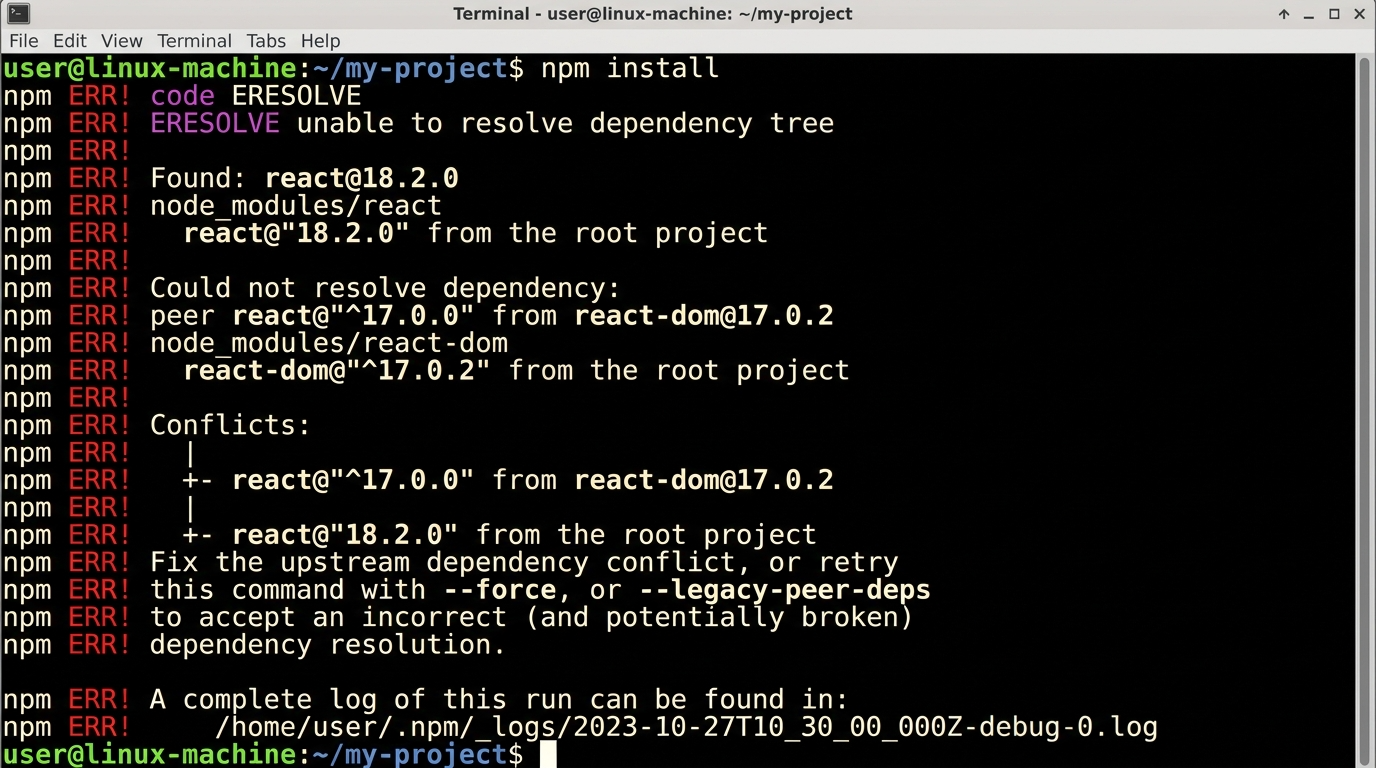 터미널에서 npm install 명령어를 실행했을 때 발생하는 빨간색 ERESOLVE unable to resolve dependency tree 의존성 충돌 에러 메시지 캡처 화면