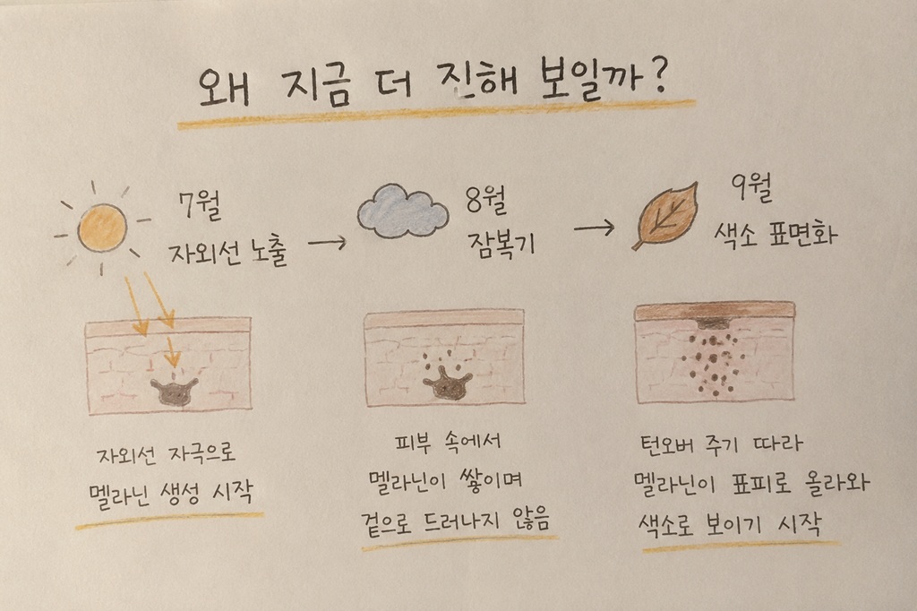 7월 자외선 노출부터 9월 색소 표면화까지 과정을 나타낸 타임라인