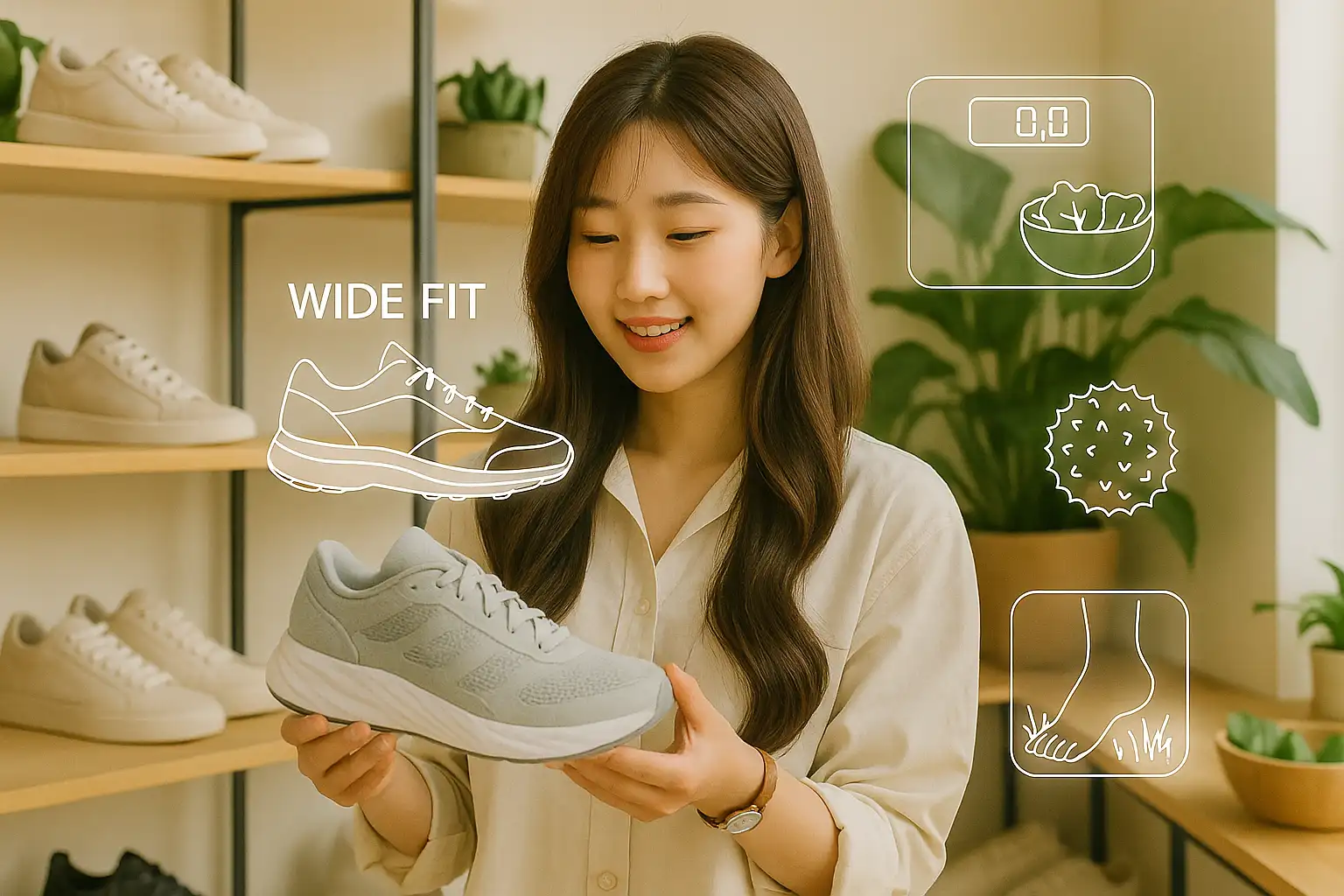 넉넉한 발볼의 쿠션 있는 운동화를 고르는 여성