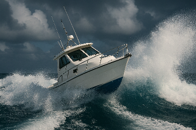 거센 물살을 거슬러 올라가는 배의 역동적인 모습