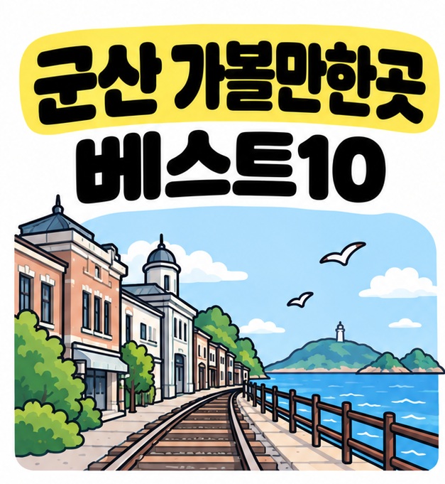 군산 가볼만한곳 베스트10 문구와 근대건축물, 바다, 철길을 상징하는 아이콘을 보여주는 대표 카드