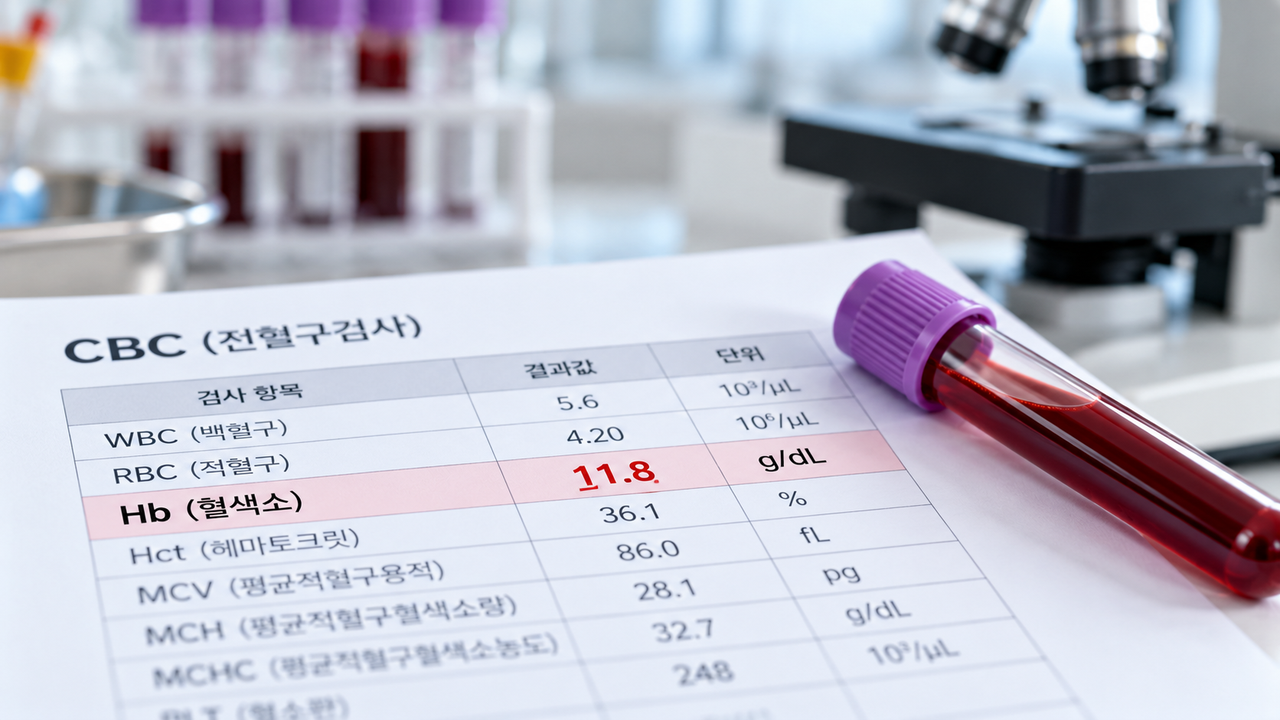 혈액검사 결과지에서 Hb 혈색소 수치를 확인하는 모습