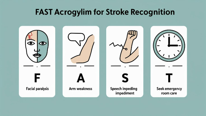 F.A.S.T 체크리스트 요약 이미지 - 얼굴 마비, 팔 힘 없음, 말 어눌함, 응급 대응 중요