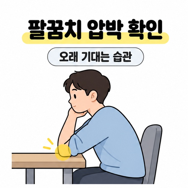 팔꿈치 압박 확인이라는 제목 아래 책상에 팔꿈치를 괴고 앉은 사람과 팔꿈치가 닿는 부분을 노란색으로 강조한 이미지