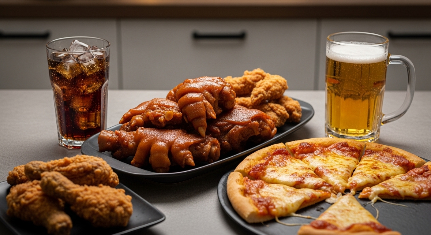 흔히 먹는 야식들 (치킨 족발 피자 맥주 콜라 )