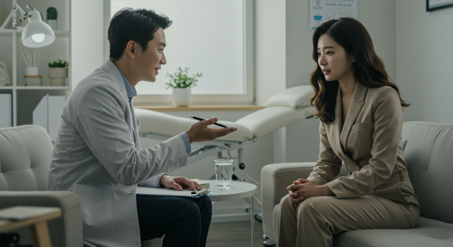 정신과 의사와 상담 중인 한국인 여성의 모습
