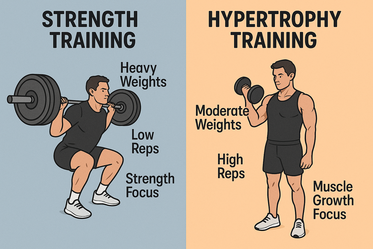 왼쪽에는 무거운 중량으로 적은 반복의 스쿼트를 하는 사람(근력 훈련), 오른쪽에는 중간 무게로 많은 반복의 이두 컬을 하는 사람