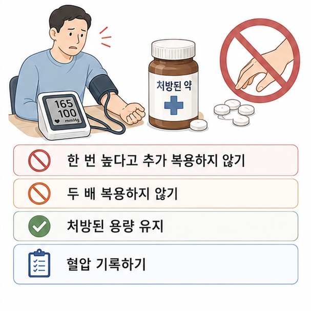 혈압이 한 번 높게 나왔다고 임의로 혈압약을 추가하거나 두 배로 복용하지 않고 처방된 용량과 혈압 기록을 유지하는 모습을 보여 주는 그림