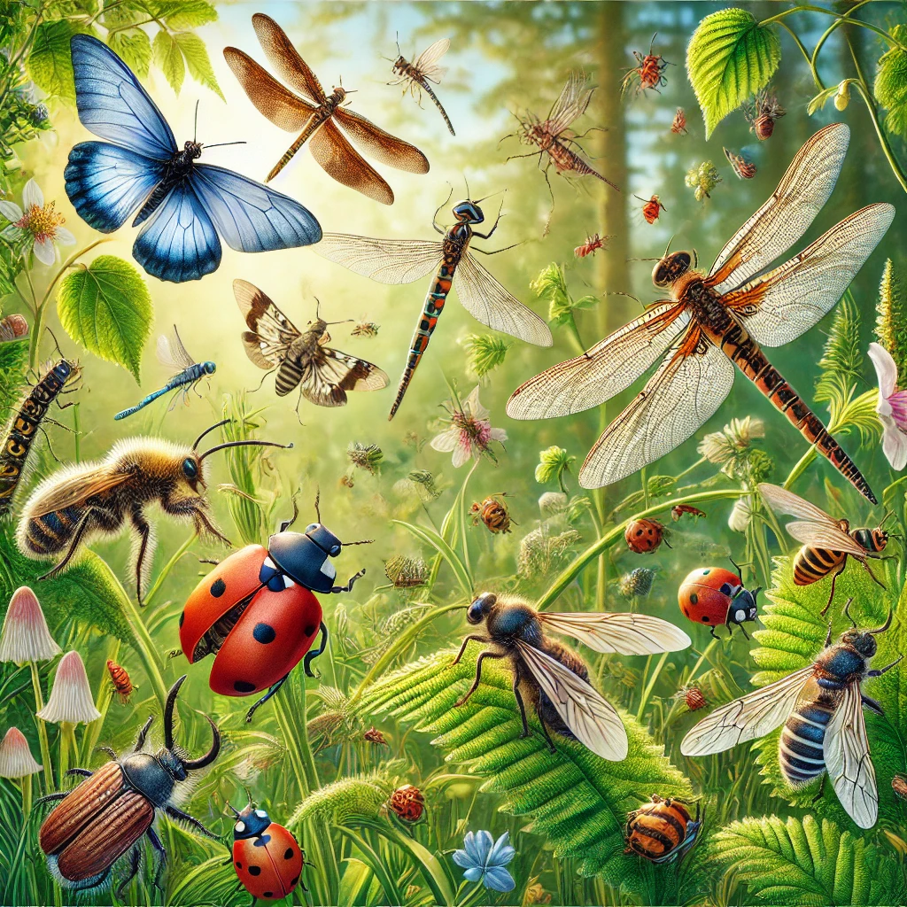 &ldquo;자연 속 다양한 곤충들의 세밀하고 사실적인 일러스트. 무당벌레, 나비, 잠자리, 개미, 메뚜기, 꿀벌 등이 꽃과 잎 주변에서 활동하는 장면. 푸른 숲과 부드러운 햇빛이 배경을 이루며 생동감 있는 곤충들의 다양한 포즈가 표현됨.&rdquo;