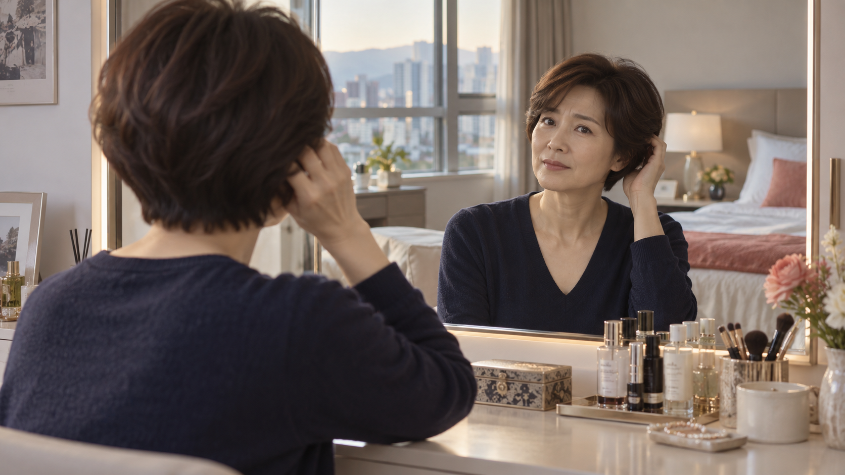 집에서 짧게 자른 머리를 거울로 확인하는 중년 여성의 꿈