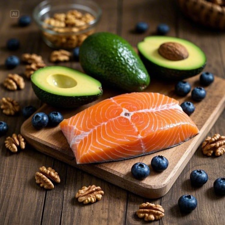 신선한 연어, 호두, 블루베리, 아보카도가 나무 도마 위에 예쁘게 배치된 모습. 자연광이 들어오는 깨끗한 주방 배경에서 뇌 건강에 좋은 다채로운 식재료들이 조화롭게 어우러진 푸드 스타일링 이미지.