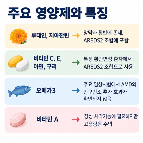 루테인 지아잔틴 비타민 C E 아연 구리 오메가3 비타민 A의 눈 건강 근거와 주의점을 정리한 이미지