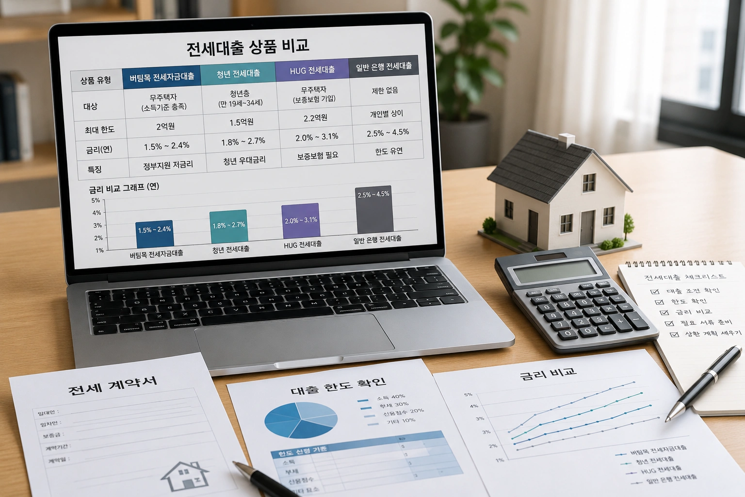 전세대출 상품별 금리와 한도를 비교 분석하는 금융 계획 장면