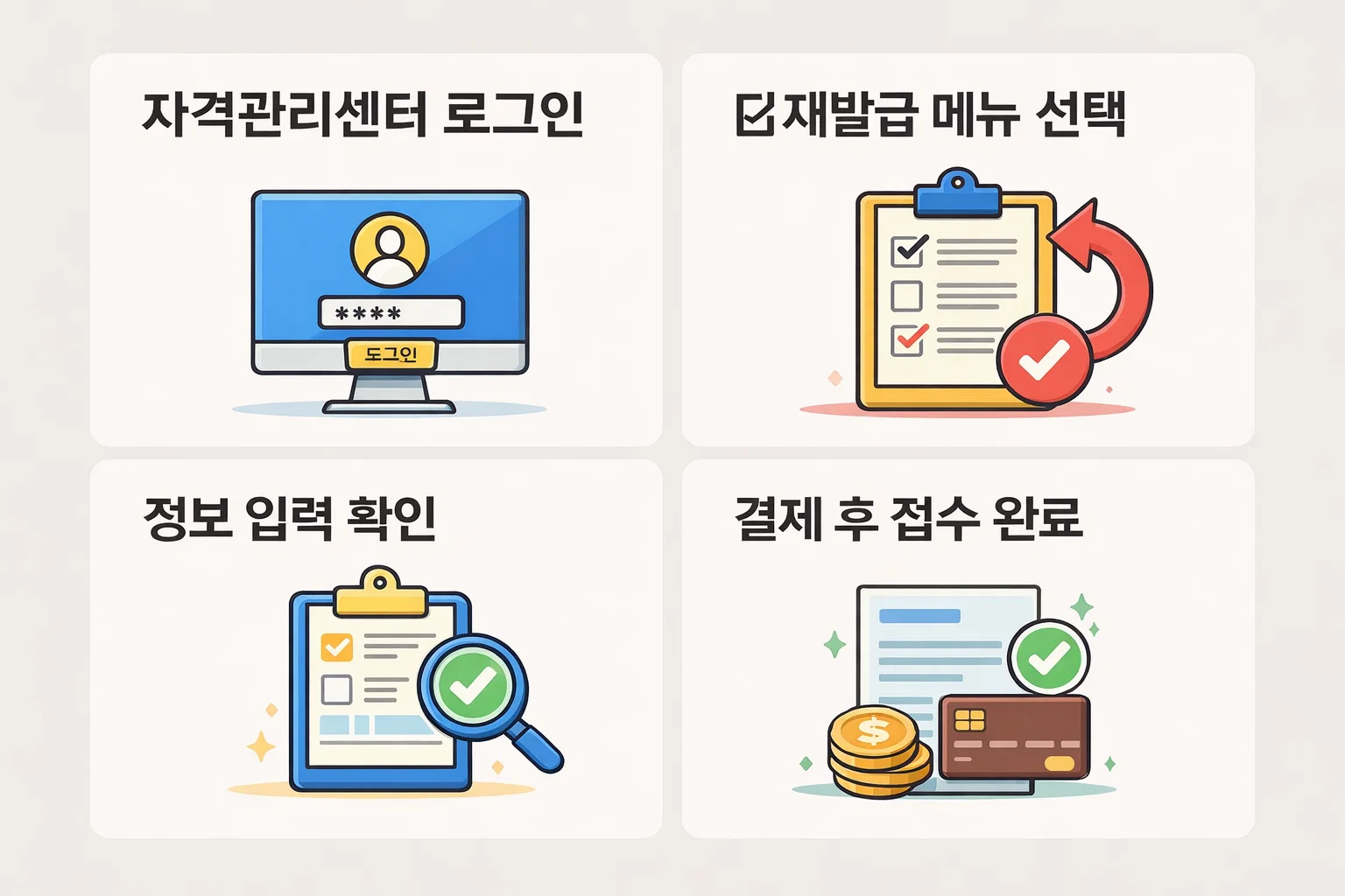자격관리센터 로그인부터 정보 입력, 결제 후 접수 완료까지 재발급 진행 순서를 설명한 이미지