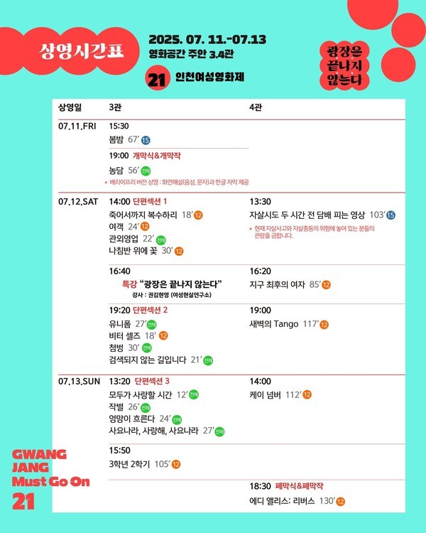 제21회 인천여성영화제 상영시간표 일정