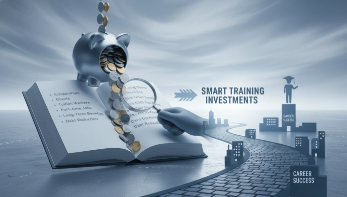 내일배움카드 자부담금을 절약하고 훈련비를 효율적으로 관리하는 다양한 꿀팁을 표현한 일러스트.