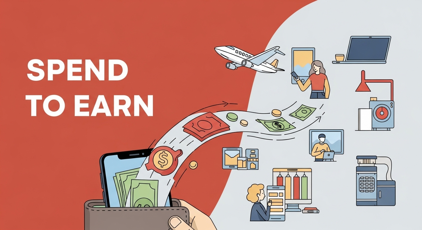 2026년 스마트 소비 트렌드를 보여주는 이미지. 소비자가 쇼핑, 여행, 공과금 지불 후 캐시백과 페이백을 통해 지갑으로 돈이 다시 들어오는 모습을 역동적으로 표현하여 현명한 재테크를 상징함.