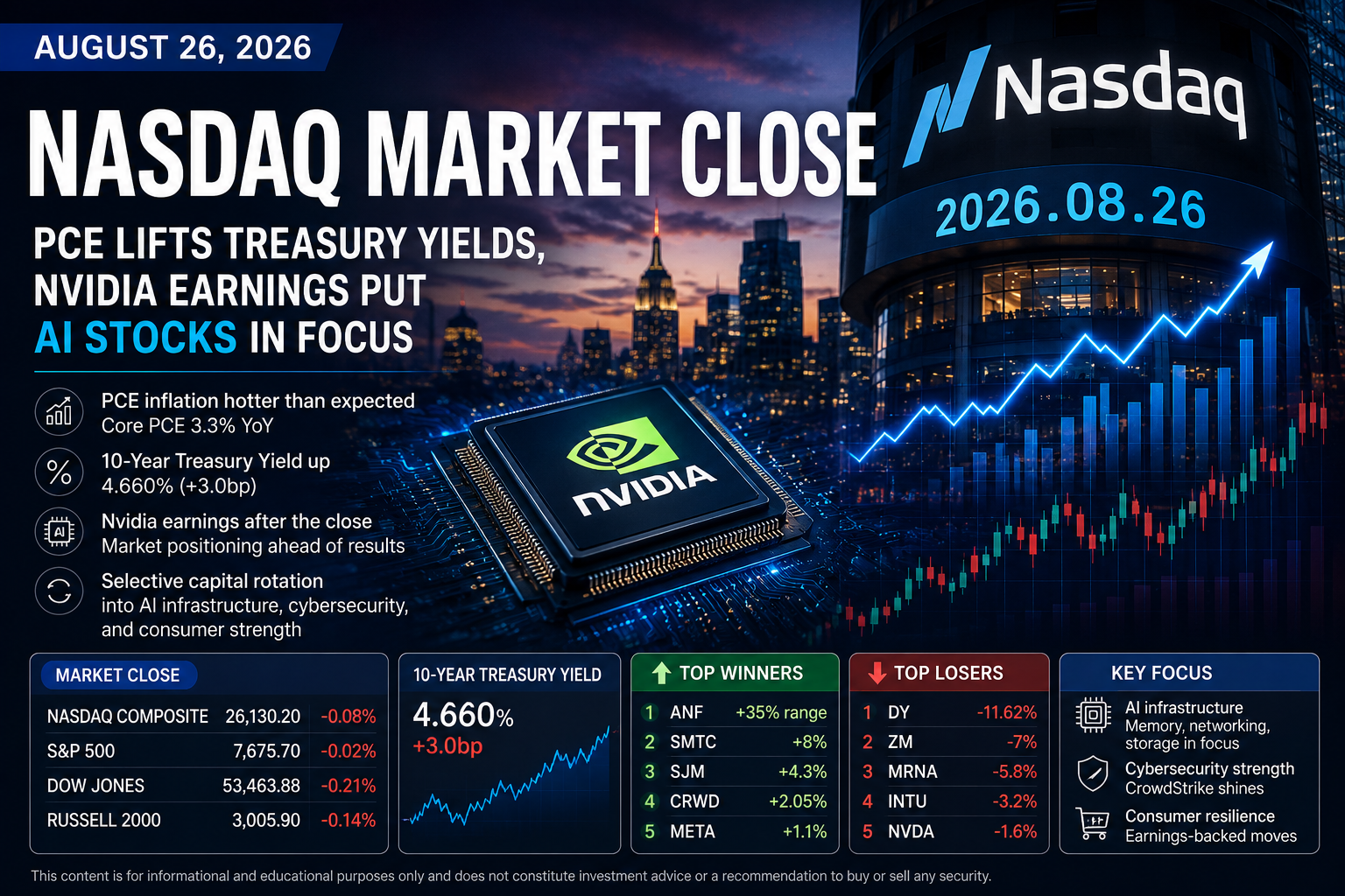 August 26, 2026 Nasdaq market close showing PCE inflation concerns, higher 10-year Treasury yields, Nvidia earnings focus, and capital flows across AI infrastructure and technology stocks.