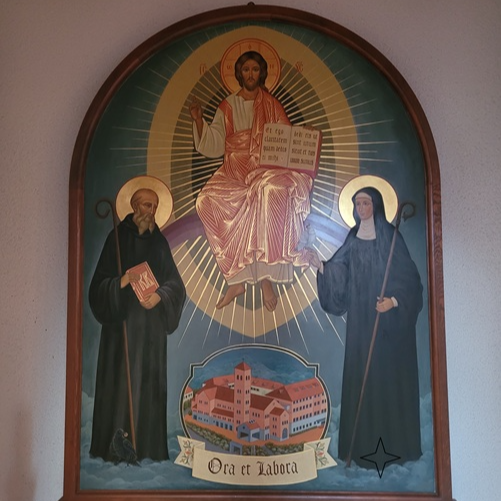 성 베네딕토회 왜관수도원 안에 있는 이콘 그림입니다. 아래 오른쪽이 스콜라스티카 성녀입니다.