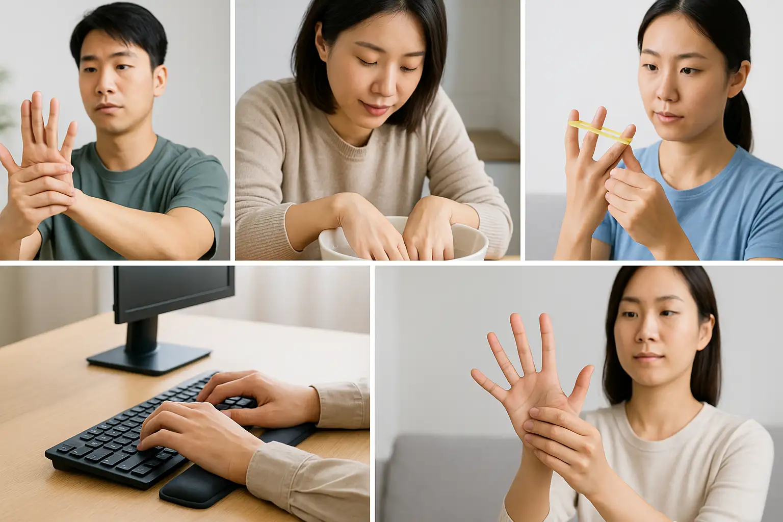 손가락 스트레칭을 하는 사람, 따뜻한 물에 손을 담그는 장면, 고무밴드로 손가락 근력 운동하는 모습, 손목 받침대를 사용하는 컴퓨터 환경, 손가락을 쥐었다 폈다 하는 운동 장면