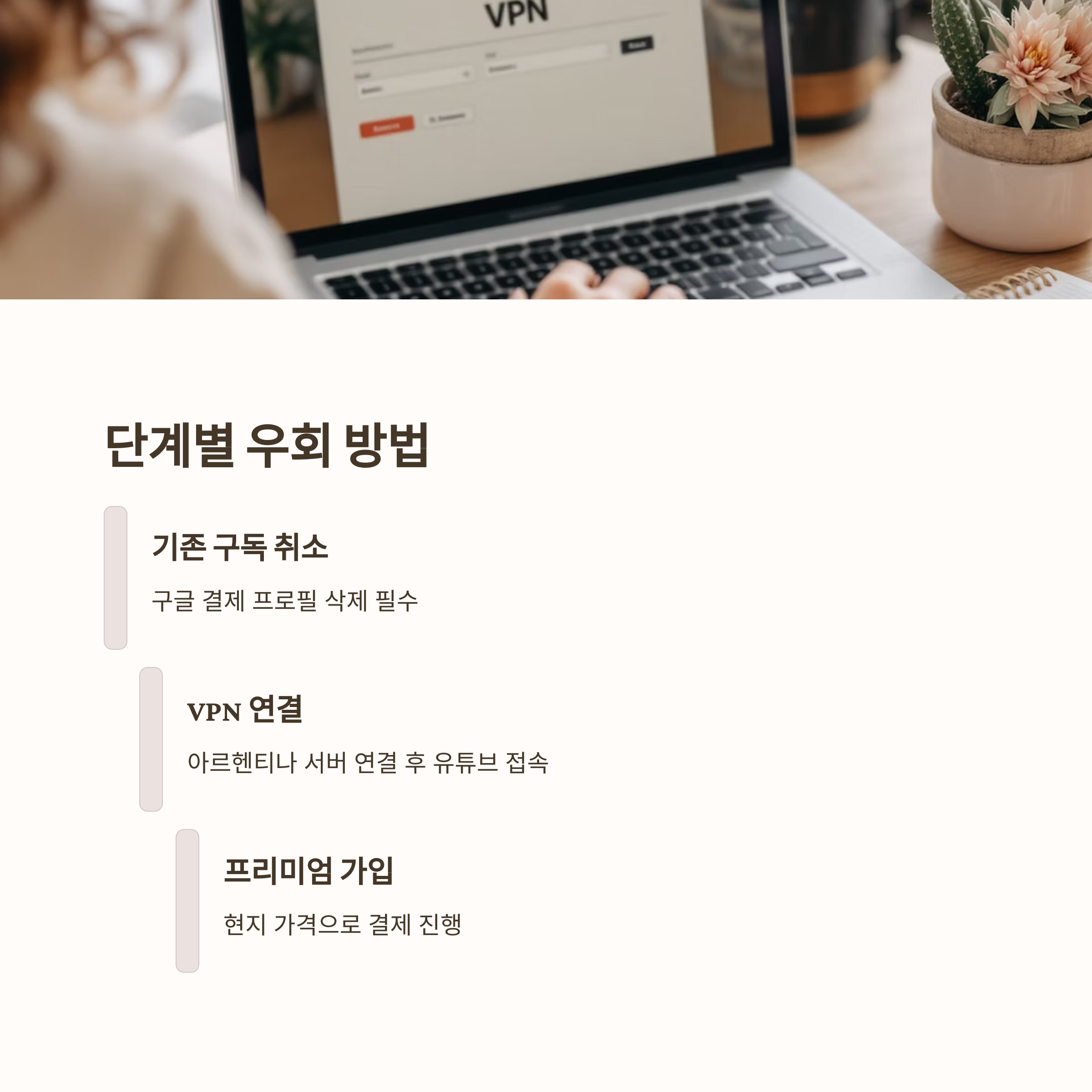 왜 유튜브 프리미엄 우회가 필요할까요?

가격 절감

한국 14,900원 &rarr; 아르헨티나 1,000원대

동일한 혜택

광고 제거, 백그라운드 재생, 오프라인 저장 모두 동일

필요한 준비물

VPN

아르헨티나 서버 지원 VPN

해외결제 카드

VISA/Master 해외결제 가능 카드

시크릿 모드

새 브라우저 또는 시크릿 모드

단계별 우회 방법