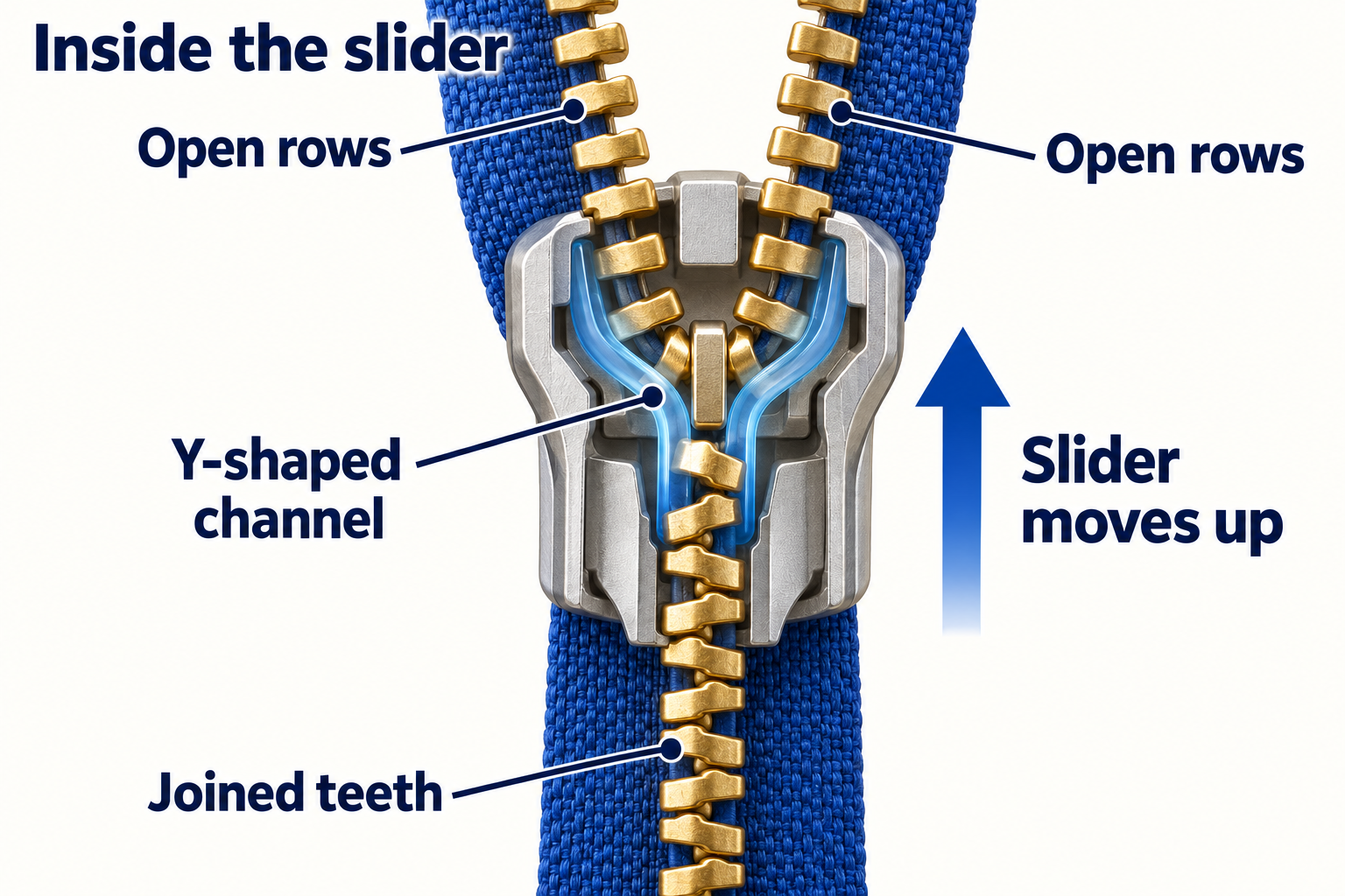 Cutaway illustration of a slider guiding two open rows of teeth into one joined row