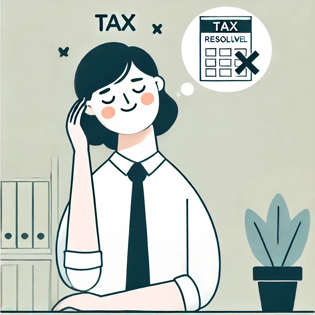 세금 문제를 해결하고 심리적 안도감을 느끼는 소상공인의 일러스트.