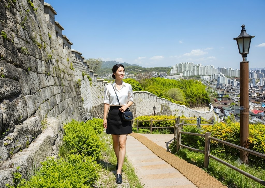 낙산공원 성곽길을 걷고 있는 여성